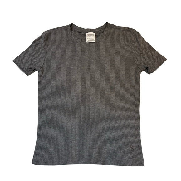 PINK‎ Victoria’s Secret Gray Ribbed Tee Shirt Sz XS - Picture 1 of 5
